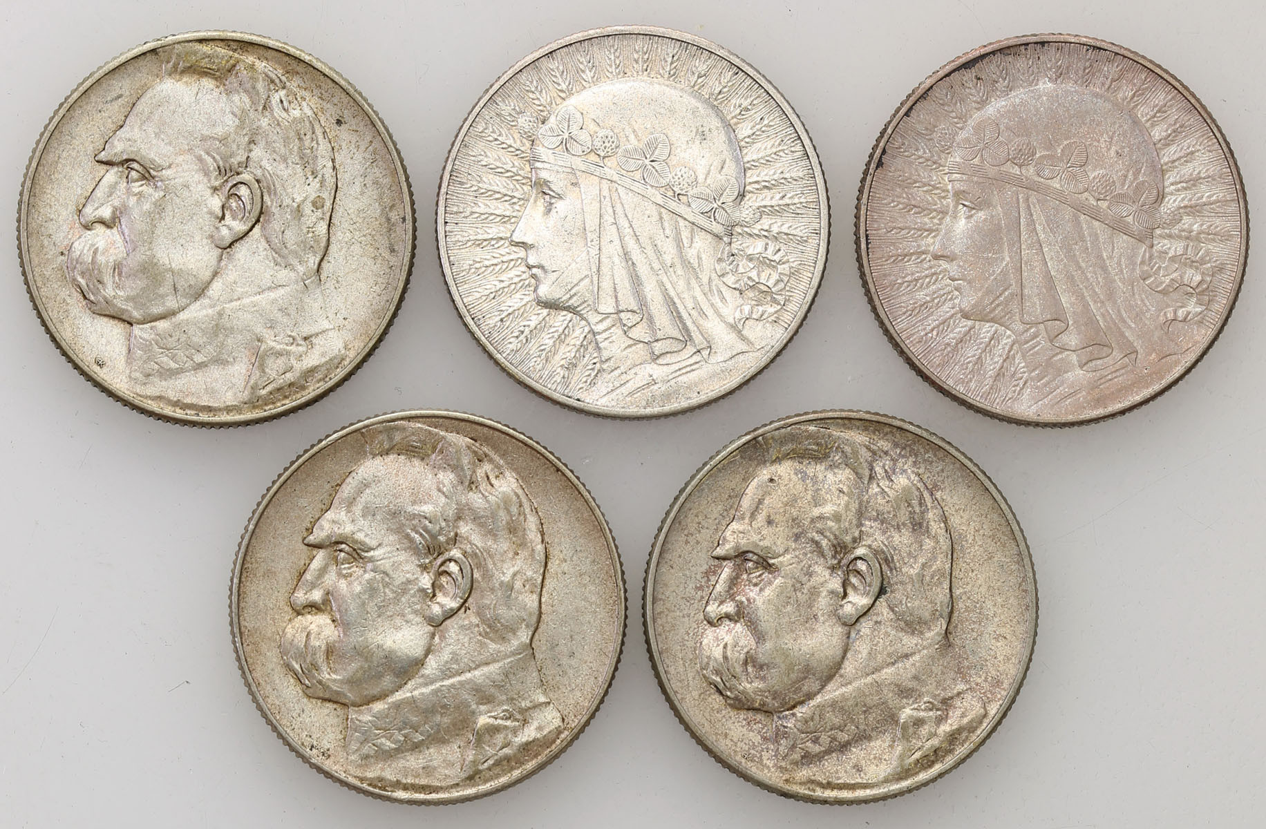 II RP. 5 złotych Piłsudski, głowa kobiety 1932-1936, zestaw 5 monet